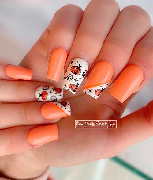 Orange and White Simple Halloween Nails 2022 with Pumpkins and Ghosts