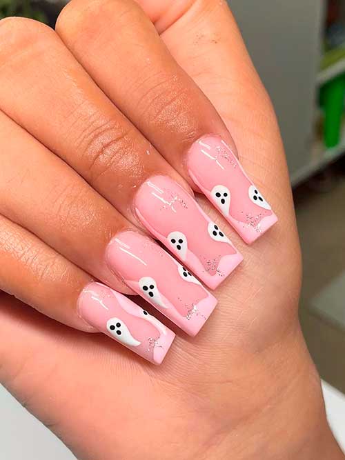 Pink Ghost Nails Long Pink Ghost Nails with Little Silver Glitter for Halloween 2022
