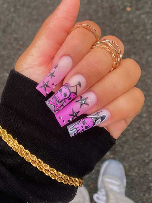 Long Square Shaped Purple Ombre Skull Nails for Halloween 2022