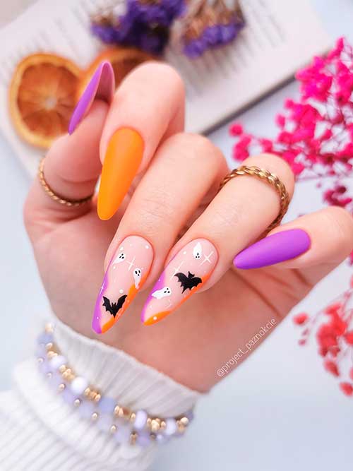 Purple and Orange Simple Halloween Nails with Bats and Ghosts on Two French Accent Nails