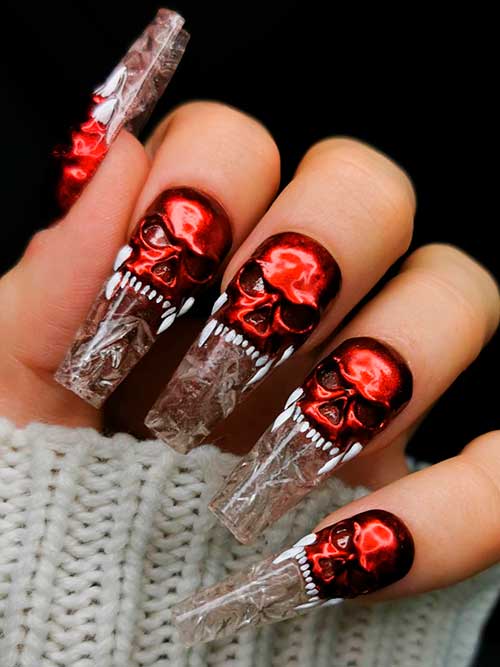 Red 3D Skull Nails on Acrylic Nail Tips for Halloween 2022