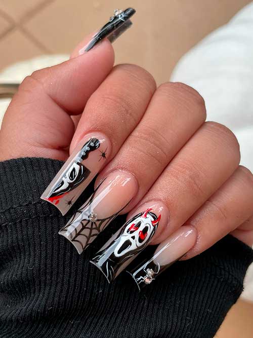 Scary Ghost Nails with Spider Web Nail Art on Nude Base Color