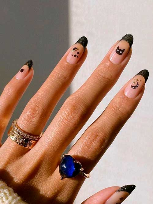Shimmer Black French Simple Halloween Nails with Spooky Themes