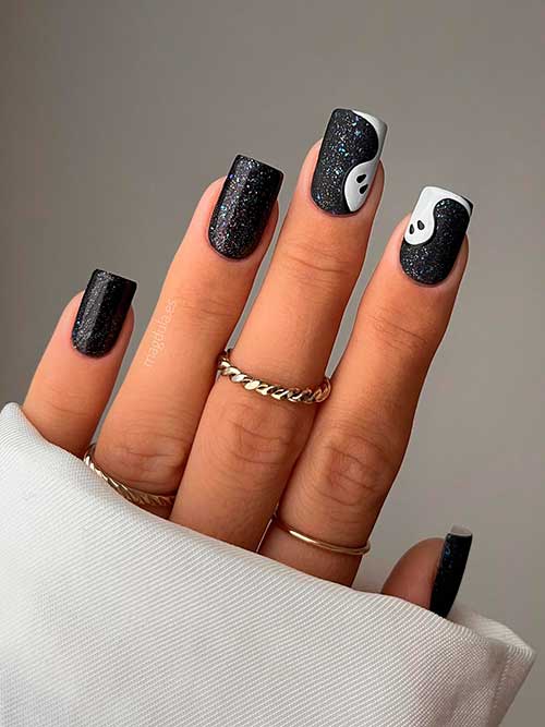 Shimmer Black Nails with Ghost Nail Art Design for Halloween 2022