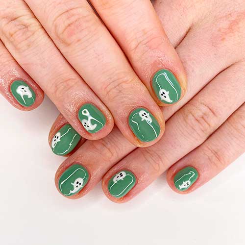 Short Green Simple Halloween Nails with White Ghosts