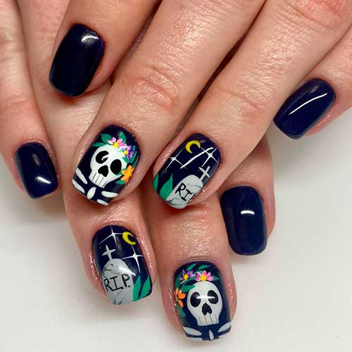 Short Skeleton and Skull Nail Art Design