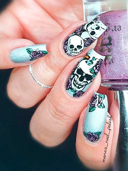 Shimmer Grey Stamped Skull Nails with Purple Flowers and Green Leaves for Halloween 2022