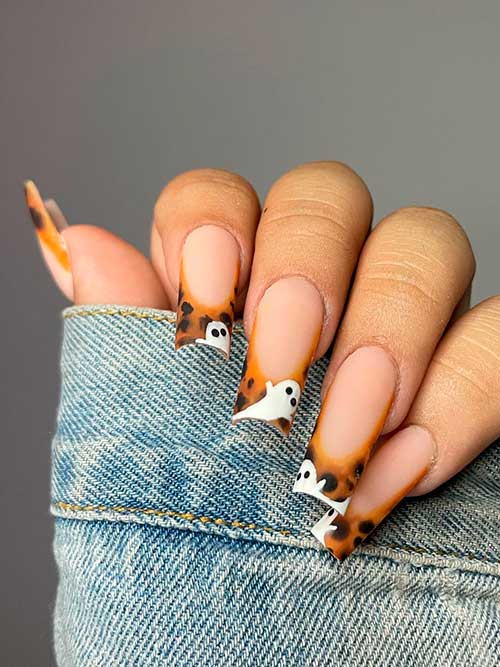 Tortoise French Tip Nails with White Ghosts - Halloween Ghost Nails 2022