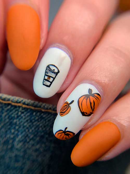Matte White and Orange Pumpkin Simple Halloween Nails 2022
