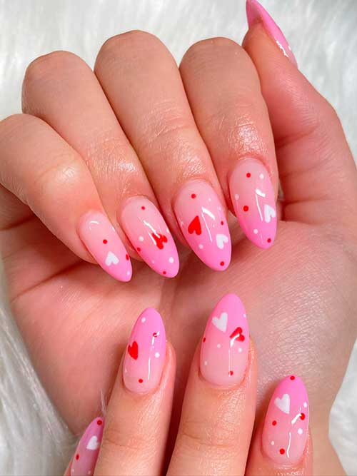 Ombre Pink Valentines Nails Medium almond shaped ombre pink valentine nails with red and white hearts and polka nail art