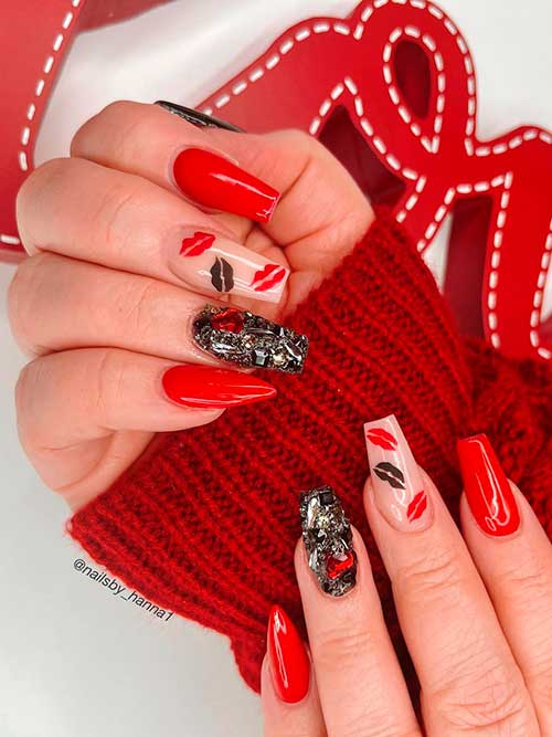 Red and black coffin valentine’s nails with lips on an accent nude nail to show your love in Valentine’s Day