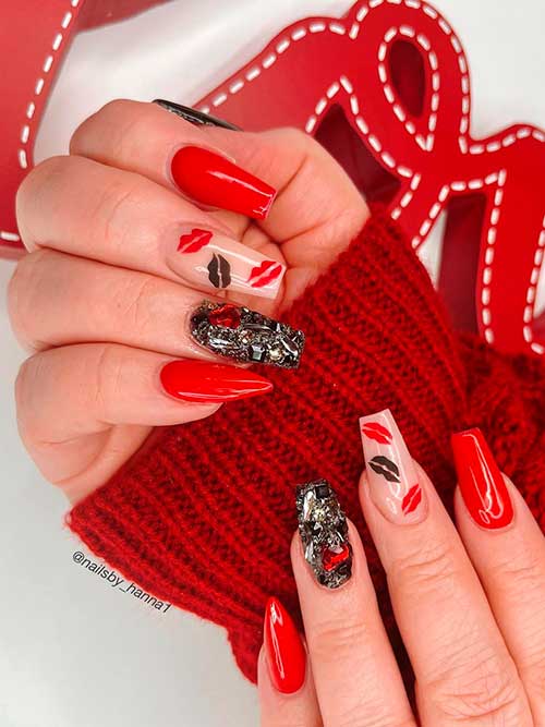 Red and Black Lip Nails Red and black coffin valentine’s nails with lips on an accent nude nail to show your love in Valentine’s Day