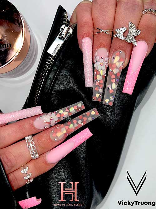 Long Coffin Romantic Valentine Nails with Sugar and Heart Glitter to Celebrate Valentine's Day