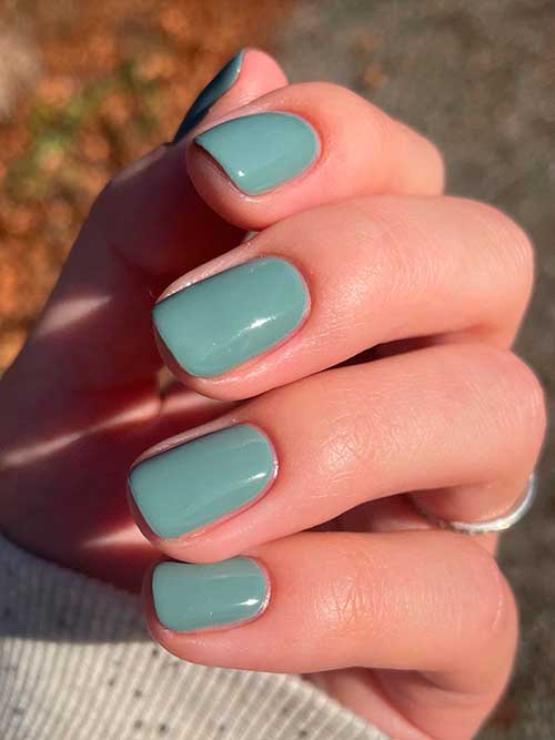 Essie Caught in the Rain Short sage green using Essie caught in the rain from unguilty pleasures collection