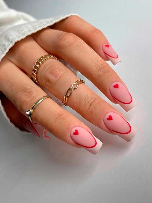 Square Matte White and Red French Valentine's Day Nails 2023 with Red Hearts