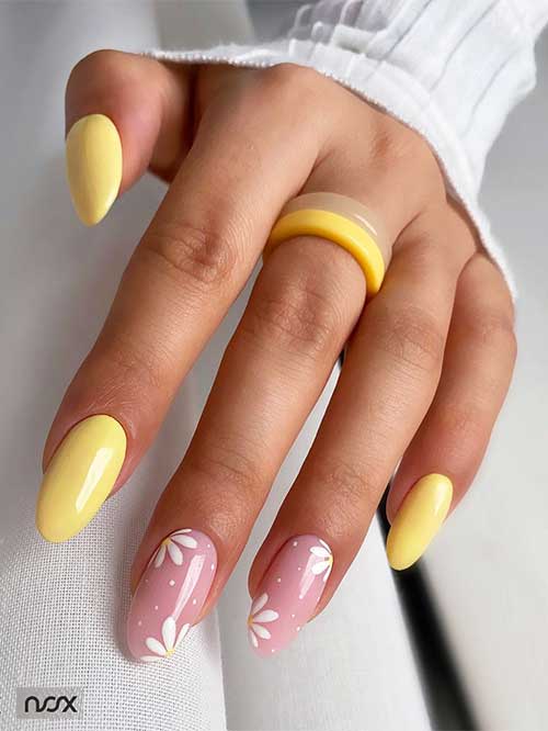 Medium Almond Shaped Bright Yellow Nails with Daisy Flowers