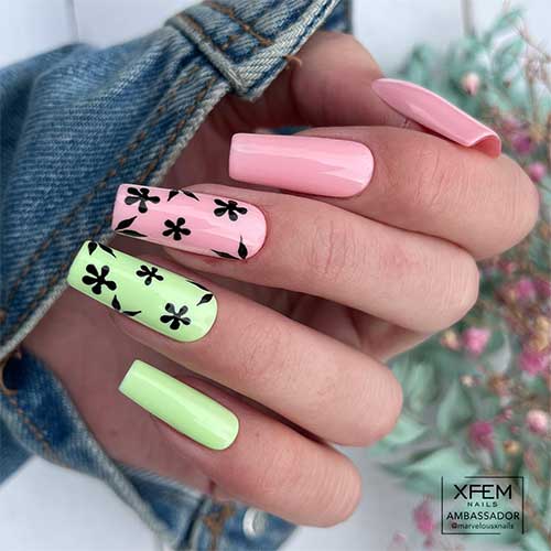Long square-shaped pastel pink and green nails that create a perfect combo as spring nails for 2023
