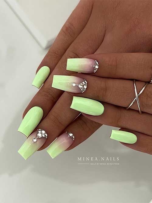Long Coffin Pastel Green Spring Nails with rhinestones on two ombre accent nails one of the gorgeous spring nail designs