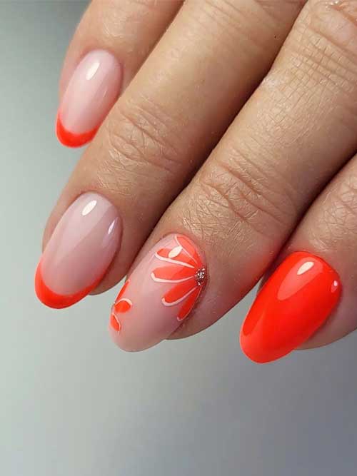 Short neon orange French spring nails with flowers
