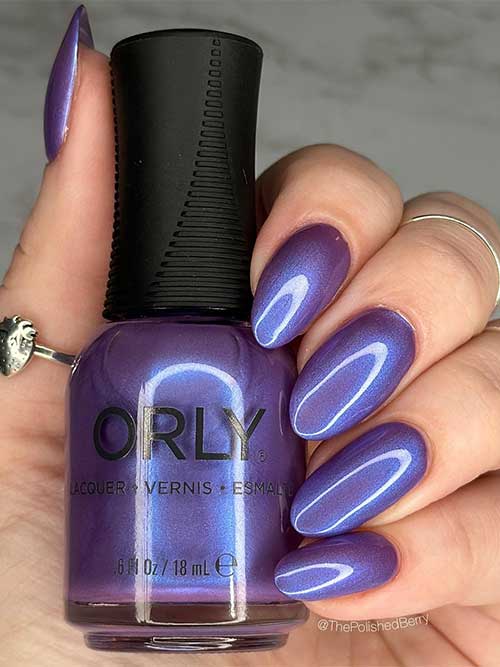 Orly Opposites Attract Medium Purple Nails with Blue Shimmer Using Orly Opposites Attract from Orly Hopeless Romantic Collection for Spring 2023