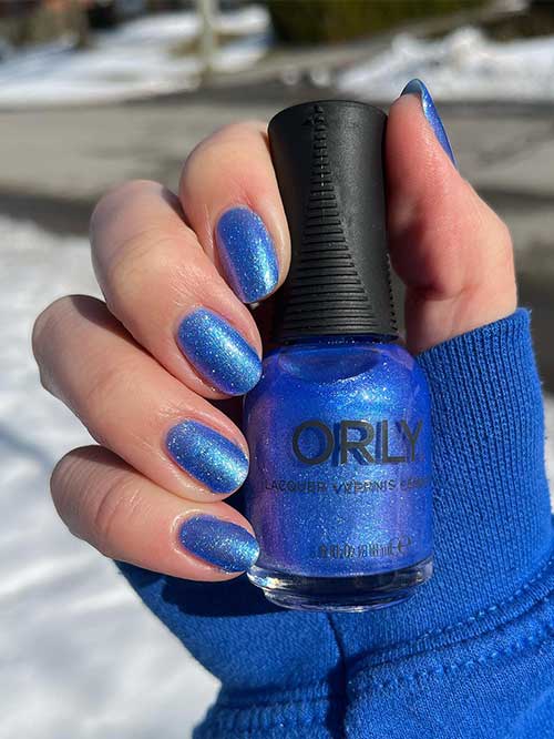 Short Round Shaped Shimmer Blue Nails Using Serendipity Orly Nail Polish