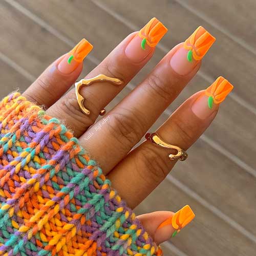 Medium coffin Pumpkin French Tip Nails that are considered perfect autumn nails 2023