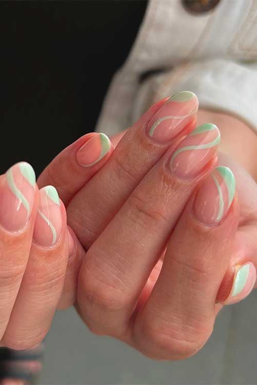 Short sage green swirl nails