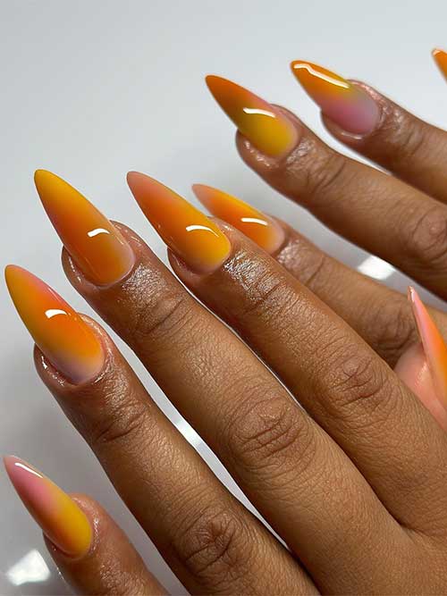 Long Almond Shaped Burnt Orange and Yellow Ombre Nails