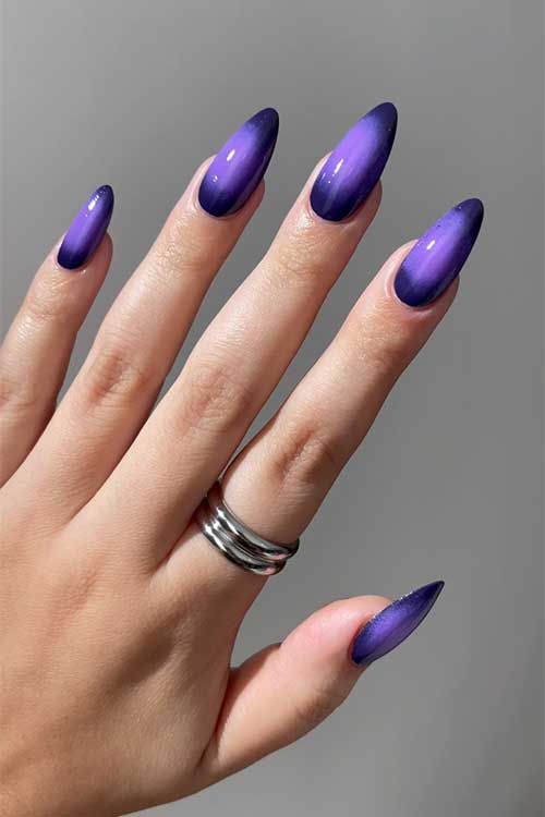 Long almond shaped purple monochromatic nails that are perfect summer to fall manicure. Long almond shaped purple monochromatic nails that are perfect summer to fall manicure.