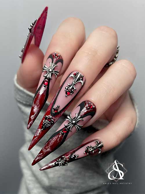 Long stiletto dark red and black French Halloween Medieval Inspired Nails with silver crosses and rhinestones