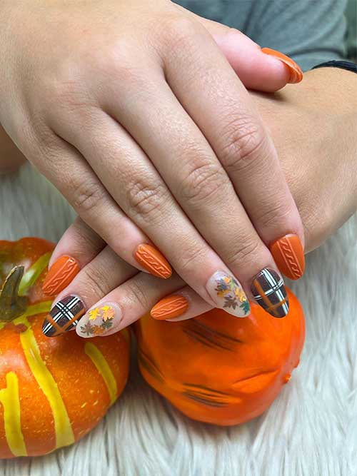 Short Sweater Burnt Orange Nails with Plaid Nail Art and Maple Leaves on Accent Nails