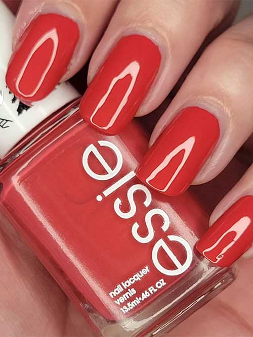 Short Vivid Raspberry Red Nails with Essie Nocturnal Encounter from The Essie Mystical Mist Collection