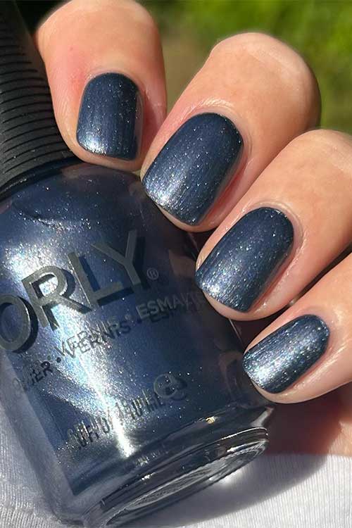Short carbon blue shimmer nails with Orly Endless Night from Orly Plot Twist Collection 2023