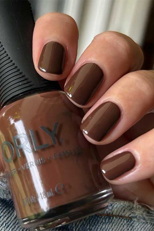 Short rich chocolate brown nails with Orly Don't Be Suspicious from Orly Plot Twist Collection 2023