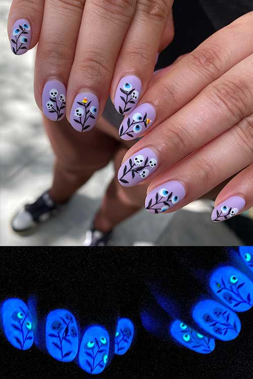 Short glow-in-the-dark Halloween nails with creepy plants have eyeballs and skulls as fruits