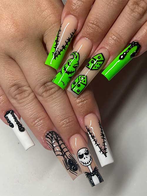 two hands different colors Halloween nail design that features a skeleton and Oogie boogie man nails two hands different colors Halloween nail design that features a skeleton and Oogie boogie man nails