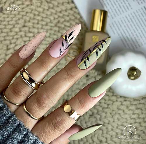 Long almond-shaped matte autumn leaf nail art design features warm and earthy tones such as olive and peach nail colors