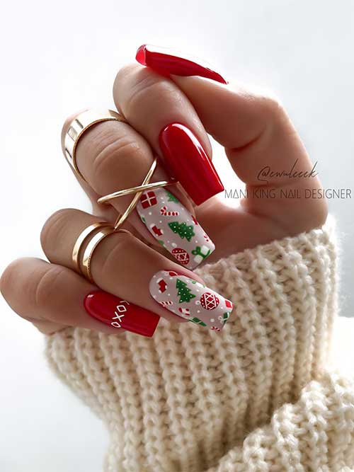 Long square-shaped red Christmas nails with two accent nude nails feature different Christmas motifs