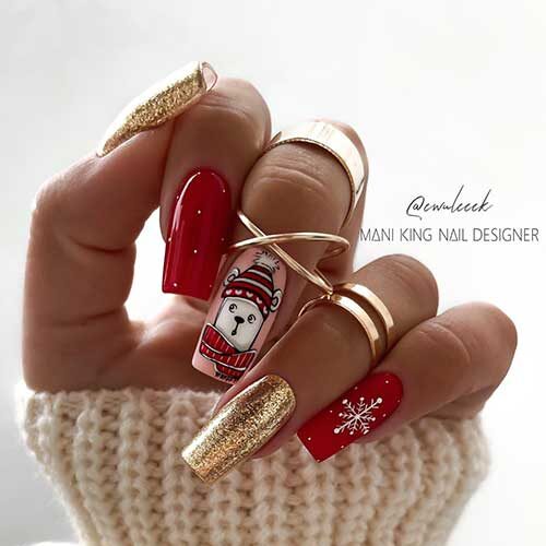 Red and gold Christmas nails feature white dots and a snowflake, gold glitter, and a nude pink accent nail with a polar bear