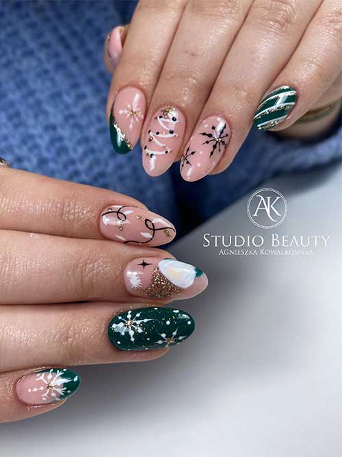 Dark green and nude with gold glitter festive Christmas nails feature different Christmas motifs