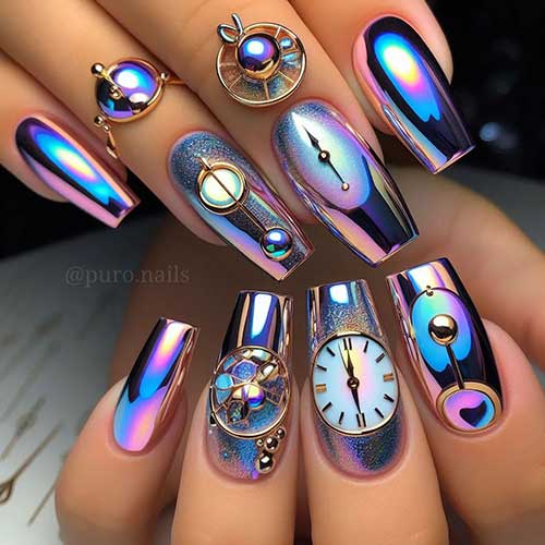 Long coffin-shaped mirror chrome New Year’s nails adorned with clock nail art designs