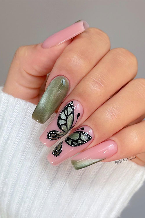 Olive green and nude nails with two accent nails adorned with butterfly fairy wings art and two accent diagonal French tips