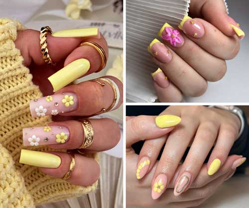 A collage of 10 vibrant yellow spring nails designs, showcasing floral patterns and bright colors for a cheerful look.