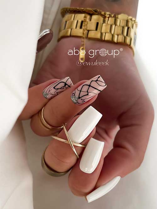 Minimalist white nails with pink accents and abstract black lines, finished with silver glitter for a stylish and elegant touch. Minimalist white nails with pink accents and abstract black lines, finished with silver glitter for a stylish and elegant touch.